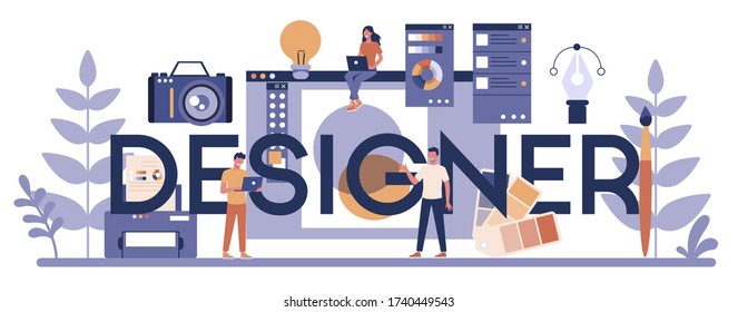 Design typografisches Header Konzept. Grafik, Web, Druckdesign. Digitales Zeichnen mit elektronischen Werkzeugen und Geräten. Kreativitätskonzept. Flachbildvektor