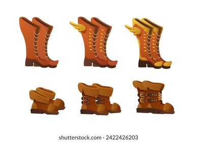 Design ui set of boots and shoes items for game and lottery app design, flat vector illustration isolated on white background. Fancy boots icons collection.