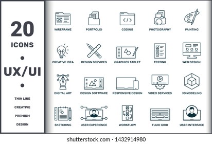 Design Ui And Ux set icons collection. Includes simple elements such as Wireframe, Portfolio, Coding, Photography, Painting, Design Software and Responsive Design premium icons.
