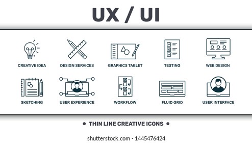 Design Ui And Ux set icons collection. Includes simple elements such as Design Services, Graphics Tablet, Testing, Web Design , Digital Art, Workflow and Fluid Grid premium icons.