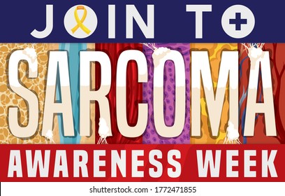 Design with UK colors and yellow ribbon promoting Sarcoma Awareness Week with healthy connective tissues, and deformed sign like sarcoma trying to infect them.
