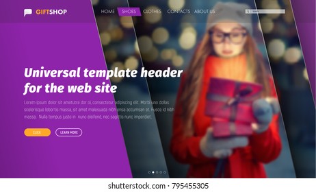 Design of ultraviolet header for a web site with a place for photos. Universal template with diagonal lines, title and buttons. Vector illustration