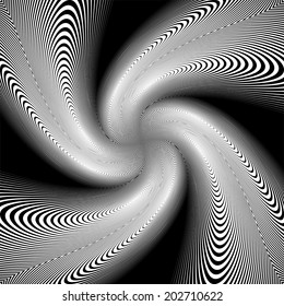 Design uncolored trellis spiral background. Abstract round decorative grid textured twisted backdrop. Vector-art illustration. No gradient
