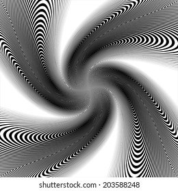 Design uncolored trellis spiral background. Abstract round decorative grid textured twisted backdrop. Vector-art illustration. No gradient