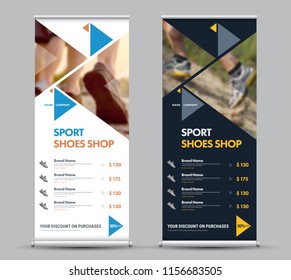 Design of a universal vector roll-up banner with triangular elements and a place for photos. Template for a sports shoes store or clothes. Set