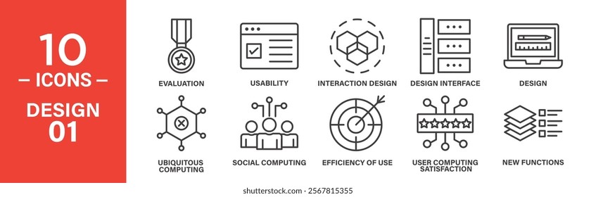 Design and Usability Icon Set: 10 Editable Vector Icons Representing Interaction Design, Efficiency, and User Satisfaction.