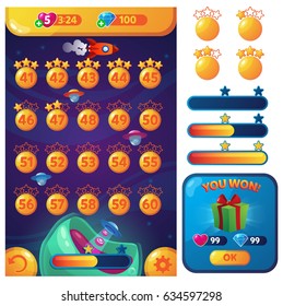 The design of the user interface of the space game. Levels, pop-up, buttons for the game. Elements of the game about space.