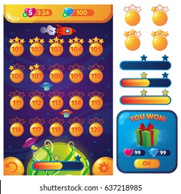 The design of the user interface of the space game. Levels, pop-up, buttons for the game. Elements of the game about space.
