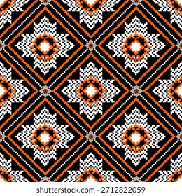 The design uses geometric patterns arranged in a folk cultural style, with a pixelated texture and small and large diamond shapes. Brown and white colors are used. Suitable for textile, printing,