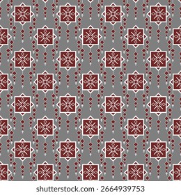 The design uses gray, red, and white colors. The pattern consists of overlapping squares and diamonds, with alternating red and white colors in both the squares and diamonds. Each corner is adorned 

