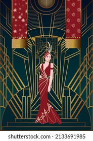 design using art deco and also the character design of a woman who is wearing a red dress