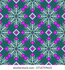 The design utilizes geometric shapes and pixelated textures arranged to form a pink floral pattern with white petals, resembling snowflakes or other handcrafted designs arranged uniformly for textile 