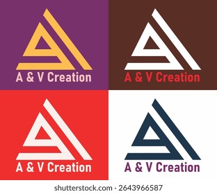 Design of a A And  V letter logo with white Browne, red and purple Background, A and V Creation logo in yellow, white black color.