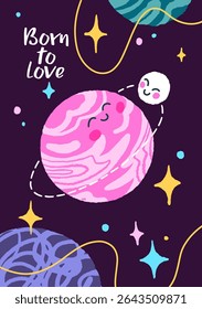 Design of Valentine day greeting card with falling in love planets. Template of 14 February postcard with happy beloved characters in space. Romantic gift with cosmos, galaxy. Flat vector illustration