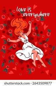 Desenho do cartão comemorativo do dia dos namorados. Modelo de cartão postal de 14 de fevereiro. Layout do presente romântico com a menina amada bonito deitado entre flores de rosa. Amor e aceitação próprios. Ilustração de vetor plano