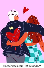 Design of Valentine day greeting card, gift with couple walking together, hugging. Template of 14 February postcard with embracing lovers, girl and boy fall in love back view. Flat vector illustration