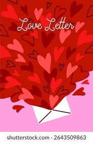 Design of Valentine day postcard. 14 February greeting card layout with declaration of love letter, envelope is full of hearts, affection message. Template of romantic gift. Flat vector illustration