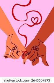 Design of Valentine day postcard with hands holding, love each other. Template of 14 February greeting card with couple is closely related, tied fingers with ribbon together. Flat vector illustration