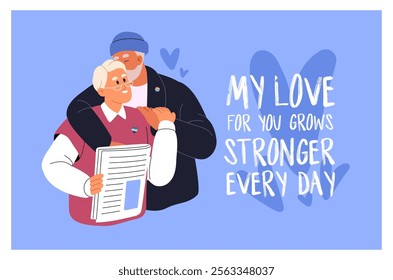 Design of Valentine's Day card. 14 February postcard with elderly romantic couple. Seniors beloveds, lovers hug, cuddle together. Old people, grandparents love each other. Flat vector illustration