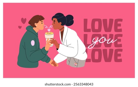 Design of Valentine's Day card, 14 February postcard. LGBT romantic couple drinks together on date. Happy lovers, cute beloveds, lesbians love each other in relationships. Flat vector illustration