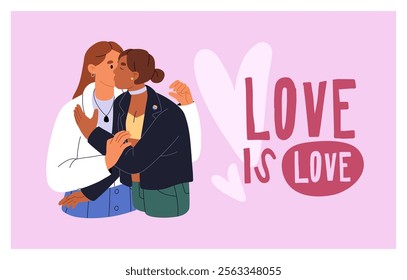 Design of Valentine's Day card with romantic LGBT couple. Template of 14 February postcard with kissing lesbians. Happy lovers, beloveds love each other, hug together. Flat vector illustration