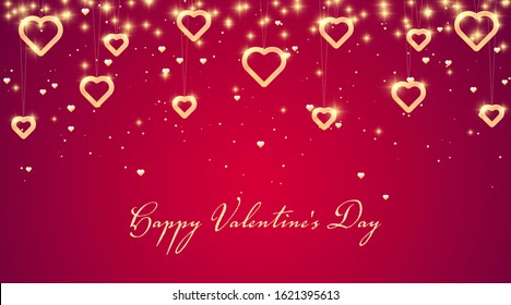 Design for Valentine's Day flyers or card. Hanging gold hearts, flare and particles on a red background.