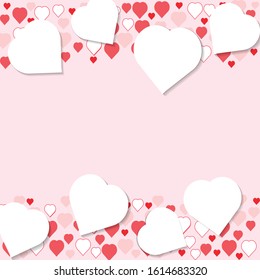 Design valentine's day greeting cards with small and large heart elements, white and pink above and below, on a pink background. In the middle there is a space for inserting vector format text.