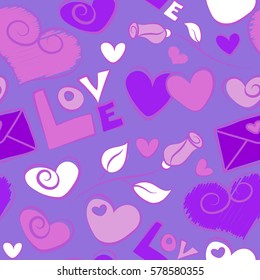 Design for Valentines day greeting love card. Vector hearts and love seamless pattern. St Valentine day pattern with hand drawn hearts, flower and love text in violet and white colors.