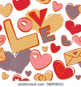 Design for Valentines day greeting love card. Vector hearts and love seamless pattern. St Valentine over a white background of hand drawn hearts and love text in orange, pink and red colors.