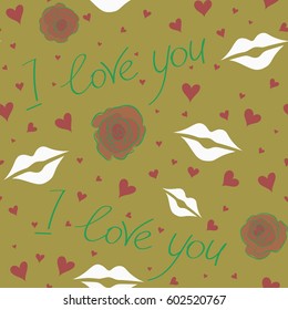 Design for Valentines day greeting love card. Vector hearts, rose flower and love seamless pattern. St Valentine over a yellow background of hand drawn hearts and love text.