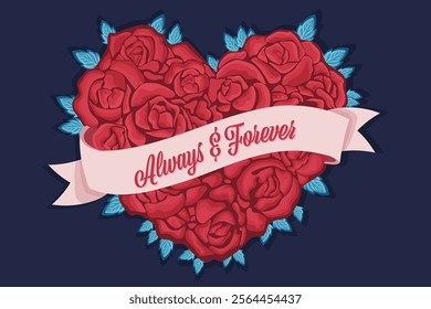 Design for Valentine's day , Heart maded with Roses and Dark Blue Background.