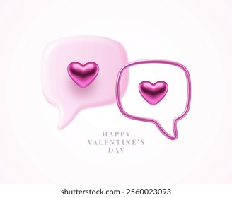 Design for Valentines day. Love message concept with pink metallic speech bubble and heart. Design for gteering card or invitation. Vector illustration.