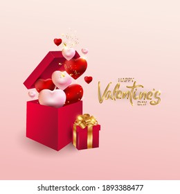 Design for Valentine's Day. Realistic red gift boxes. Open gift box full of holiday hearts, web poster, flyer, stylish brochure, greeting card, cover. Romantic background