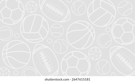 Design with a variety of sports balls including balls for soccer, basketball, volleyball, and more on a subtle gray background. Vector illustration.