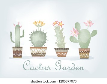 Design of various cactus species that bloom on a comfortable blue background.
