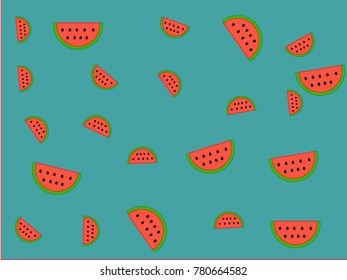 Design vector abstract pattern background with watermelon slice. Summer fruit illustration on green blue background. Wallpaper texture, colorful, Cute