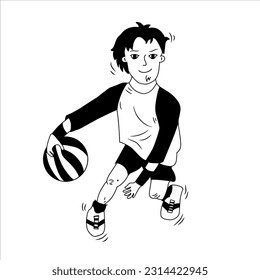 design vector art black and white illustration of a child playing basketball, dribble.