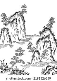 Design Vector Asian Landscape Mountain Painting Outline