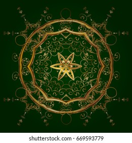 Design. Vector background for Christmas with decorative golden snowflakes. Pattern on green background.