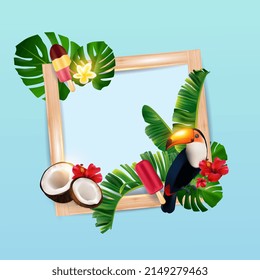 Diseño de una pancarta vectorial de verano con marco de madera y elementos coloridos sobre un fondo claro. Ilustración vectorial de tocan, hojas tropicales, helados, cocos, flores