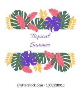 Design vector banner with tropical and monstera leaves. Exotic Illustration for summer cards with frame