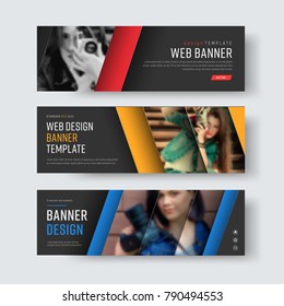 Design of vector black banners with diagonal colored lines and a place for photos. Template for the web. Set
