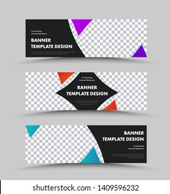 Design of vector black horizontal web banners with curved lines and color rhombuses, place for photo. Templates are standard size.