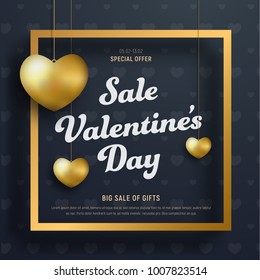 Design of a vector black square banner for Sale On Valentine's Day. Template of a card, postcard, advertising for e-mail, with a gold frame and hearts.