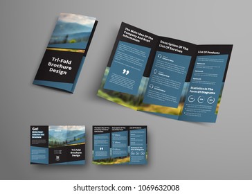 Design vector black triple folding brochure with diagonal elements and place for photo. Universal business template booklet for advertising and printing.