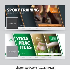 Design vector black and white banner for social networks with diagonal lines and photos. Cover template with orange and green elements. A sample for yoga and sports