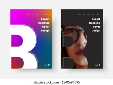 Design of vector black and white covers of the report, poster, flyer with the silhouette of the letter "B", a place for a photo and a soft purple gradient. Universal templates for business A4/A3 /A5