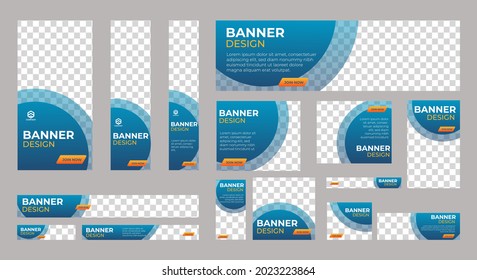 Design of vector blue banners of standard sizes with a place for a photo. Vertical and horizontal web templates with semicircular elements and a round button.