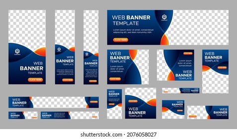 Design of vector blue banners of standard sizes with a place for a photo. Vertical and horizontal web templates with semicircular elements and a button.