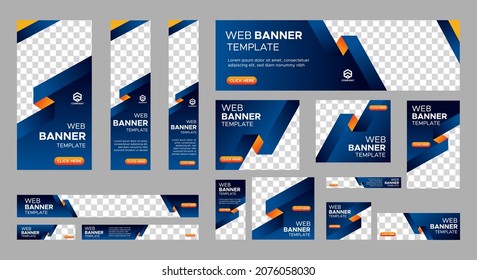 Design of vector blue banners of standard sizes with a place for a photo. Vertical and horizontal web templates with semicircular elements and a button.